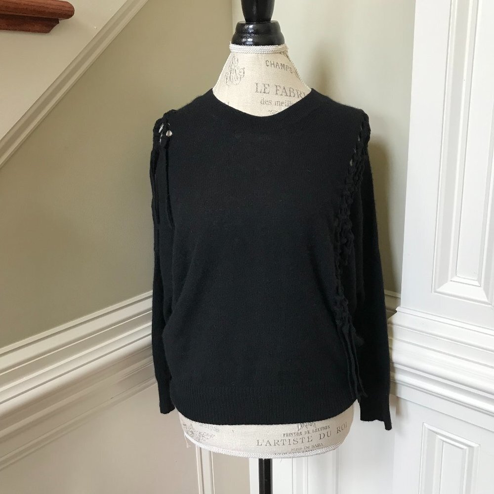White + Warren Cashmere Pullover Sweater Womens Small Black Crew Neck Lattice